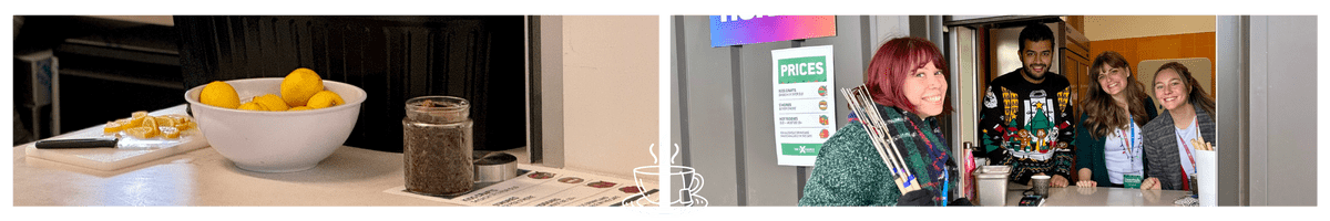 Pictures of people at the servery counter and hot toddy mix