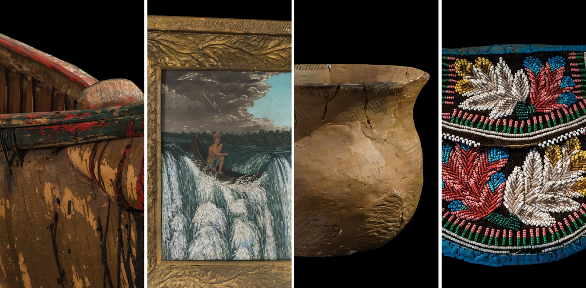 Collage of canoe, painting, pottery and beaded purse