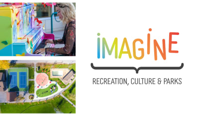 Woman playing a piano, overview of a park, imagine logo