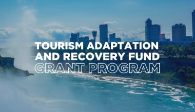 Picture of Niagara Falls, with text Tourism Adaptation and Recovery Fund Grant Program