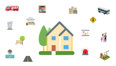 City icons (ex. house, fire truck, park, roads, etc).