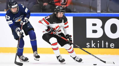 Canadian and Finnish hockey players mid-game