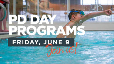 "PD Day Programs: Friday, June 9. Join Us!" Photo of a child jumping in the pool.