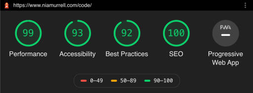 SCORES performance 99, accessibility 93, best practices 92, SEO 100