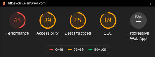 SCORES performance 45, accessibility 89, best practices 85, SEO 89