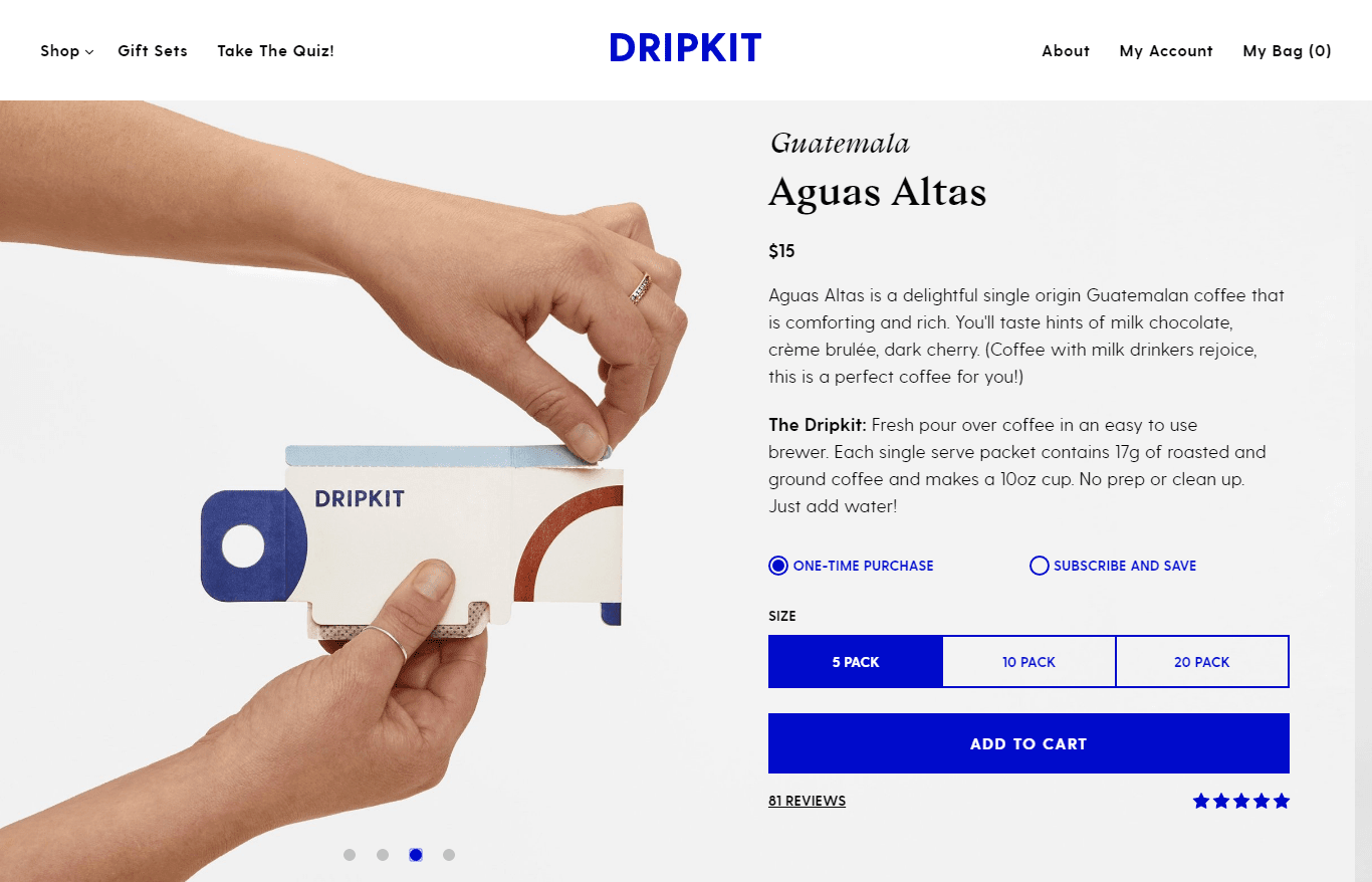 Dripkit product page for purchasing Aguas Altas Coffee.