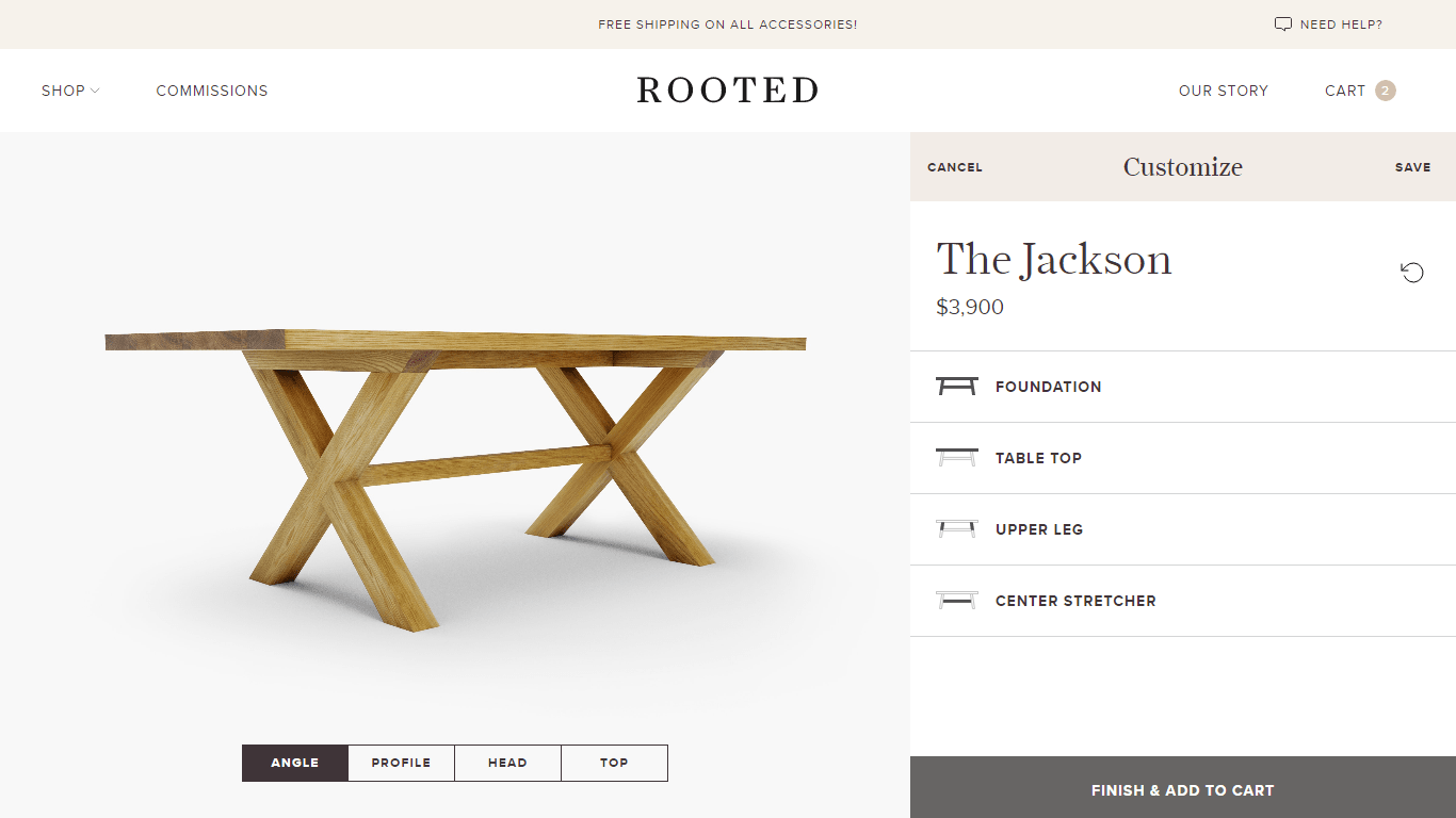 Rooted table builder, with a rendering of the currently designed table on the left and options to customize on the right.