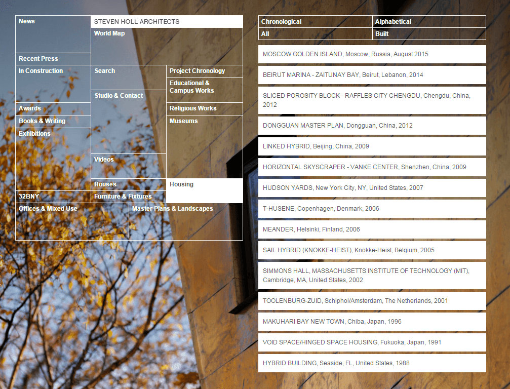 Steven Holl Architects homepage. Features an asymmetric menu on the left and list of projects and project filters on the right.