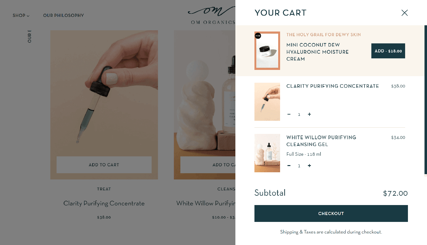 Om shopping cart with upsell.