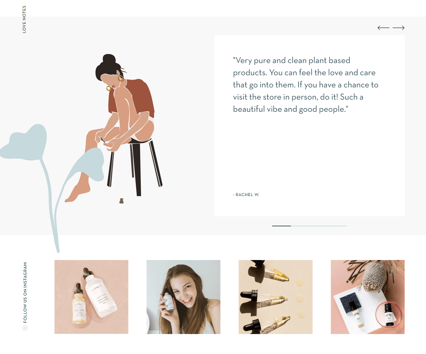 Om design system: testimonial slideshow, instagram section.