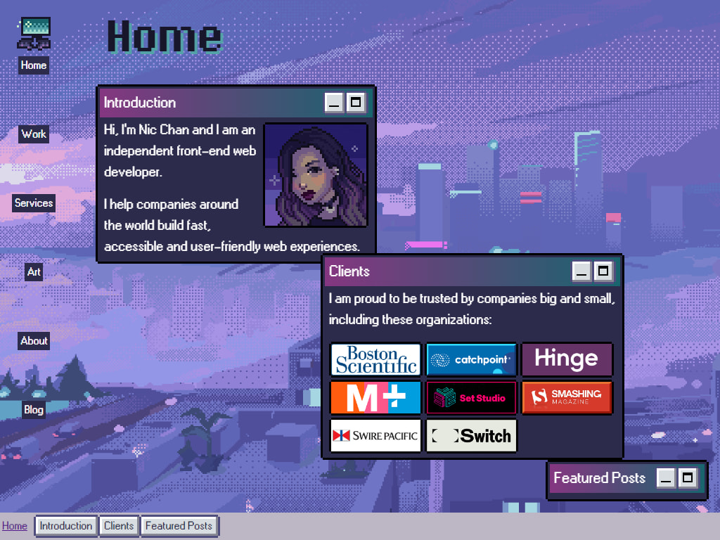 The homepage now has a fully illustrated backdrop, a purple-y city sunset. There is also a classic 'My Computer' icon, except it features my ergonomic keyboard instead of a standard keyboard.