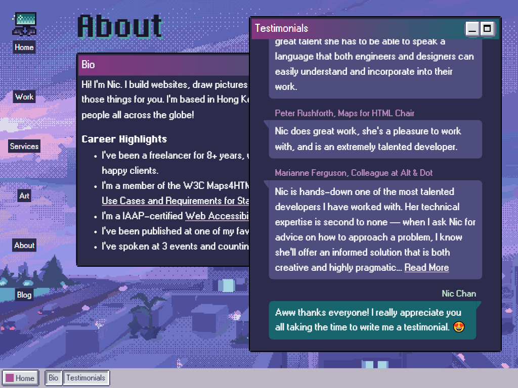 An about page, two windows, one with a bio and the other with a list of testimonials. The testimonials are styled like a chat interface.