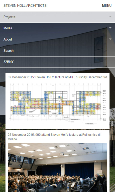Expanded menu and list of news on Steven Holl Architects.
