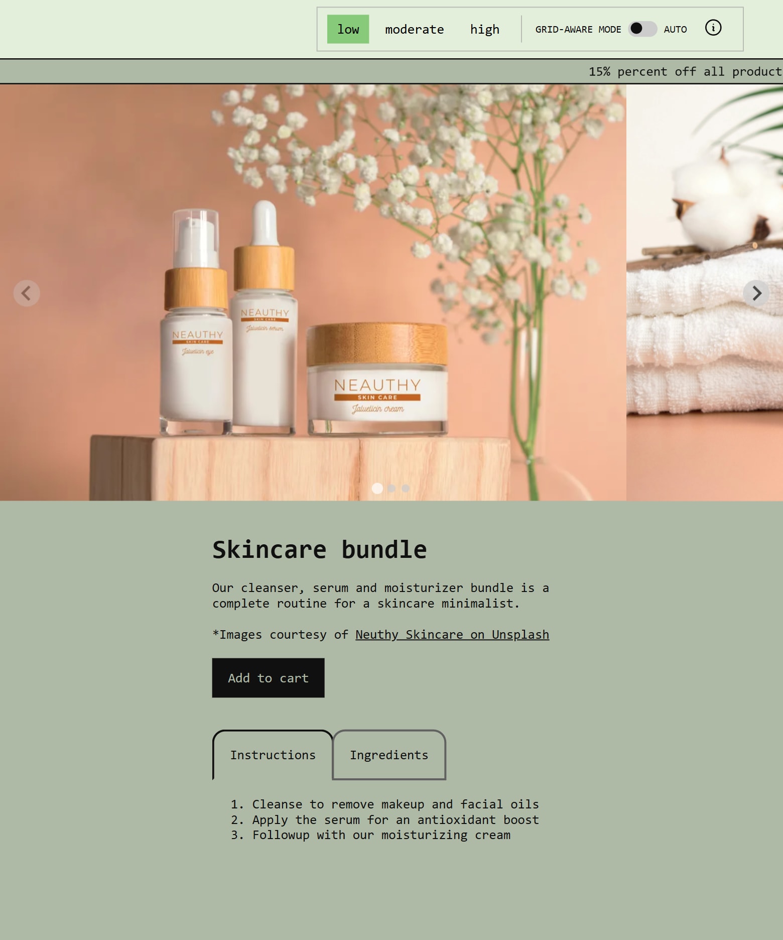 The demo product page when the grid is using low of fossil fuels, and all functionality is enabled. There is a scrolling marquee, the images are in a slider, and the product information is in tabs.