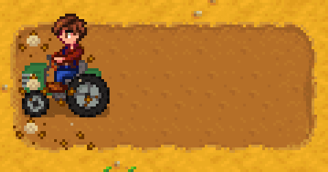 A Stardew Valley farmer driving a tractor across the ground