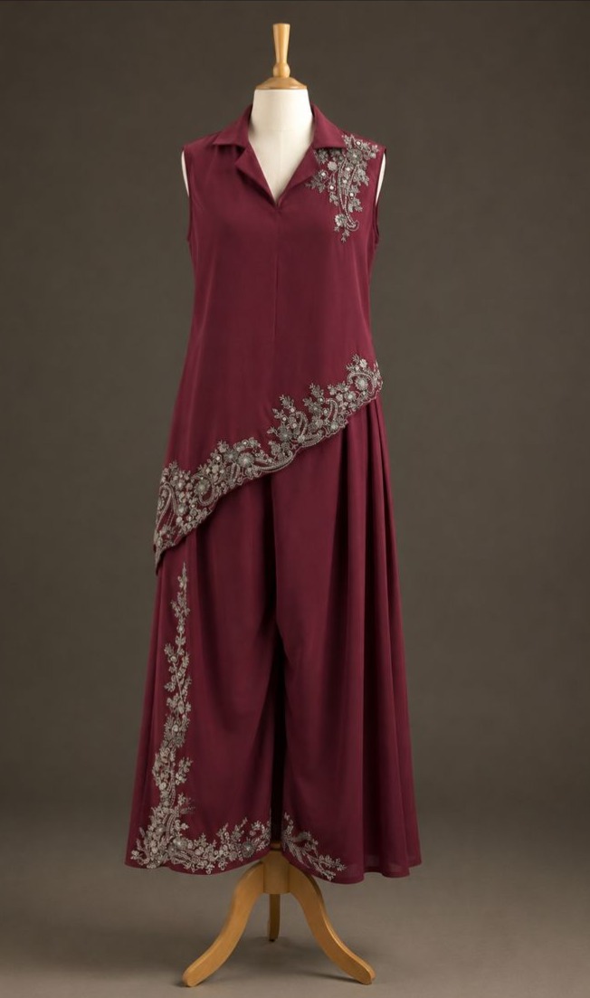 BURGUNDY DRPPED KURTA & PLAZZO SET view 1