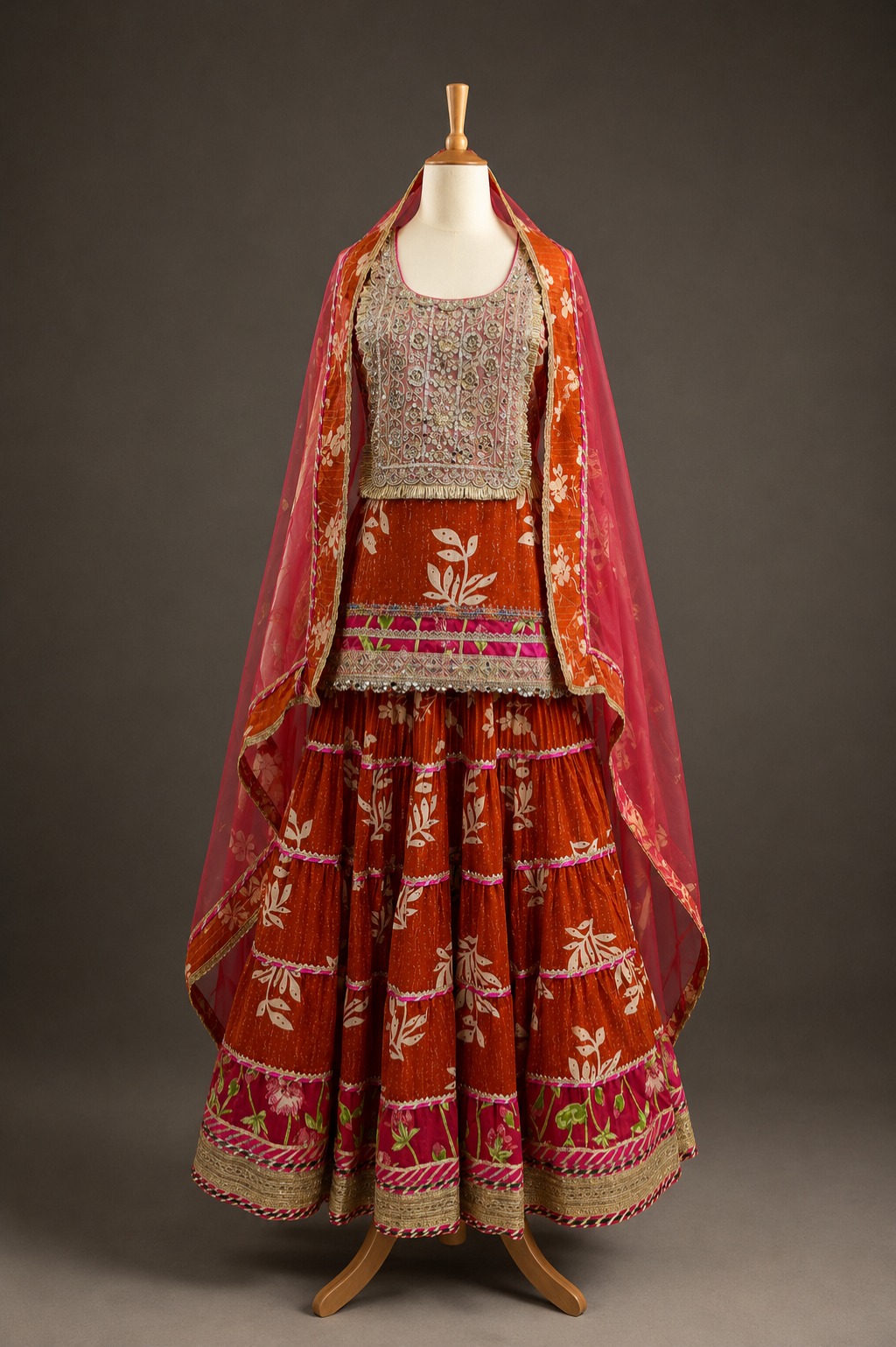 Rust Printed Ruffle Lehenga Set view 1