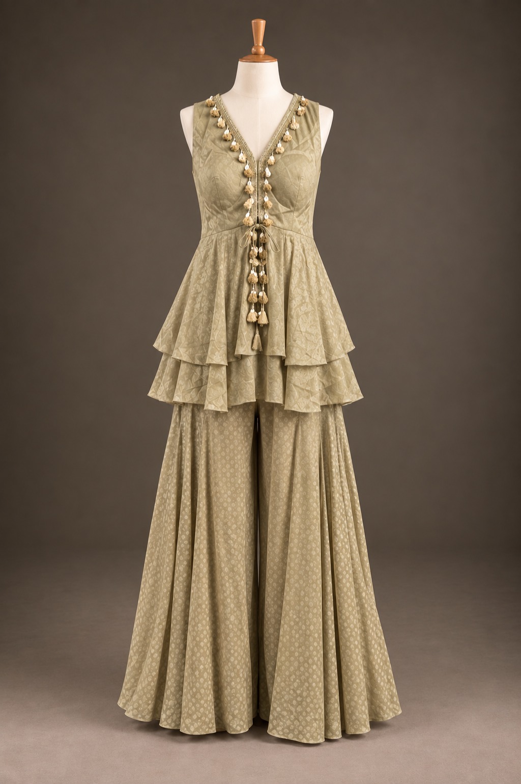 Beige Frock Plazo Suit with Duppata view 1
