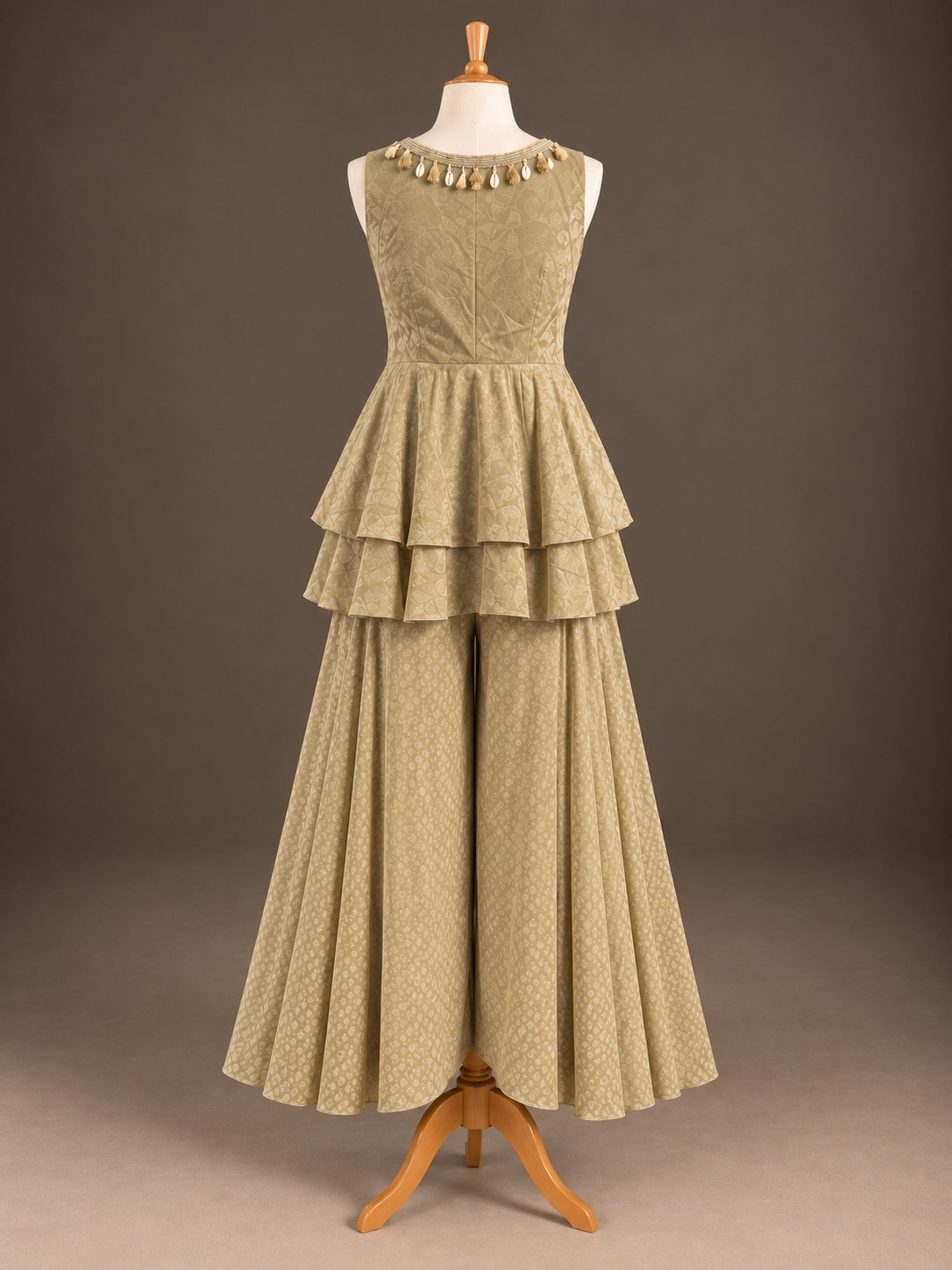 Beige Frock Plazo Suit with Duppata view 2
