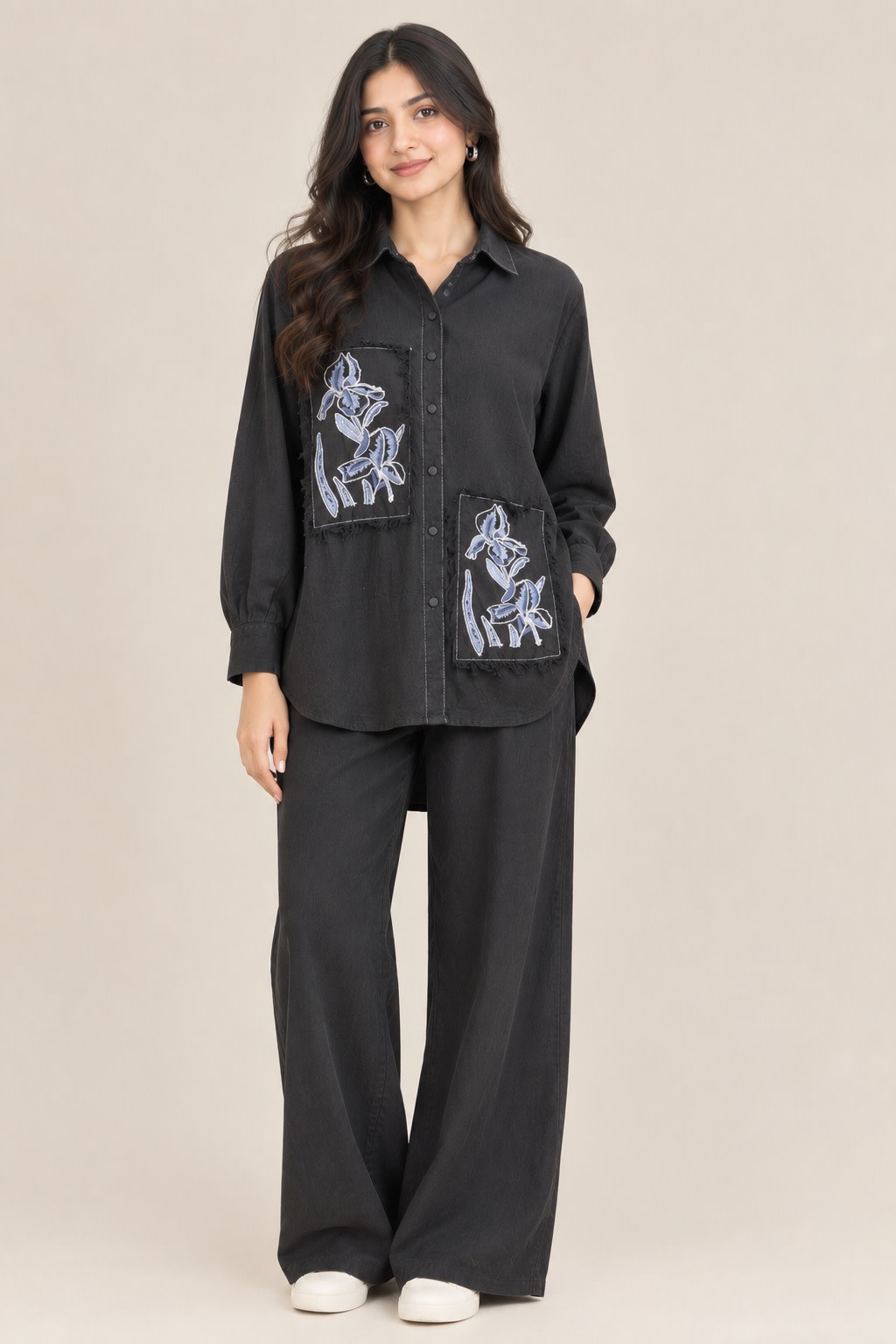 Black embroidered co-ord set view 1