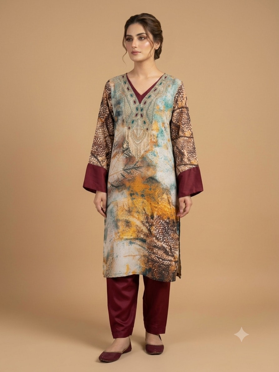 Abstract Maroon & Mineral Printed Set view 1
