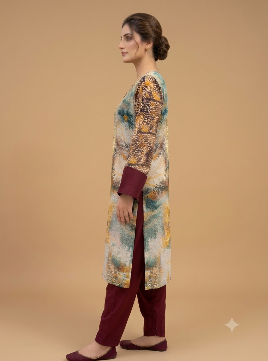 Abstract Maroon & Mineral Printed Set view 4