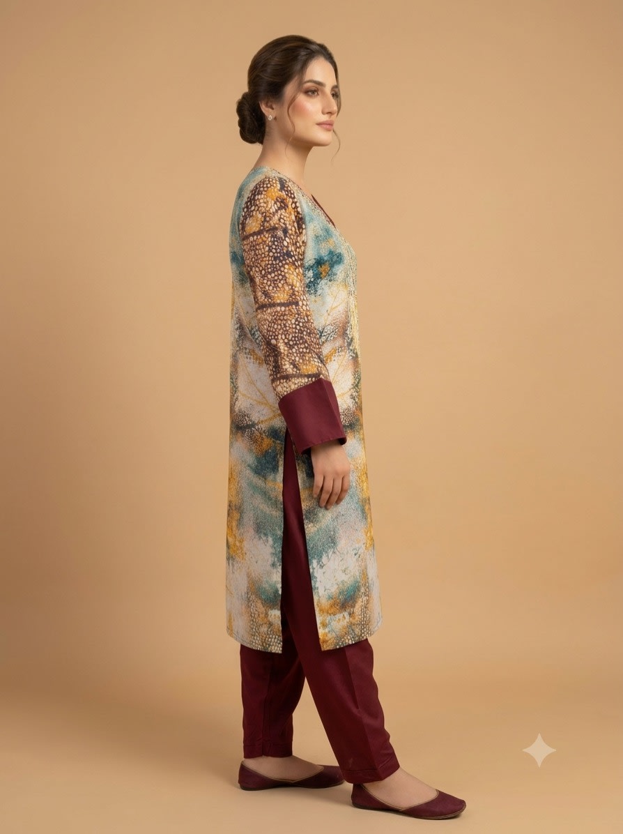 Abstract Maroon & Mineral Printed Set view 3