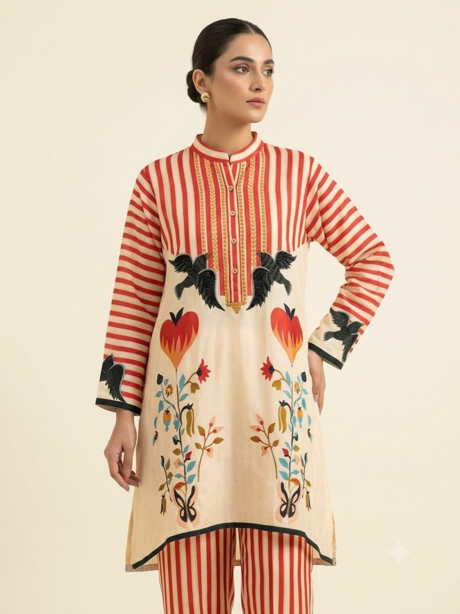 Ivory & Crimson Botanical Stripe Set view 2