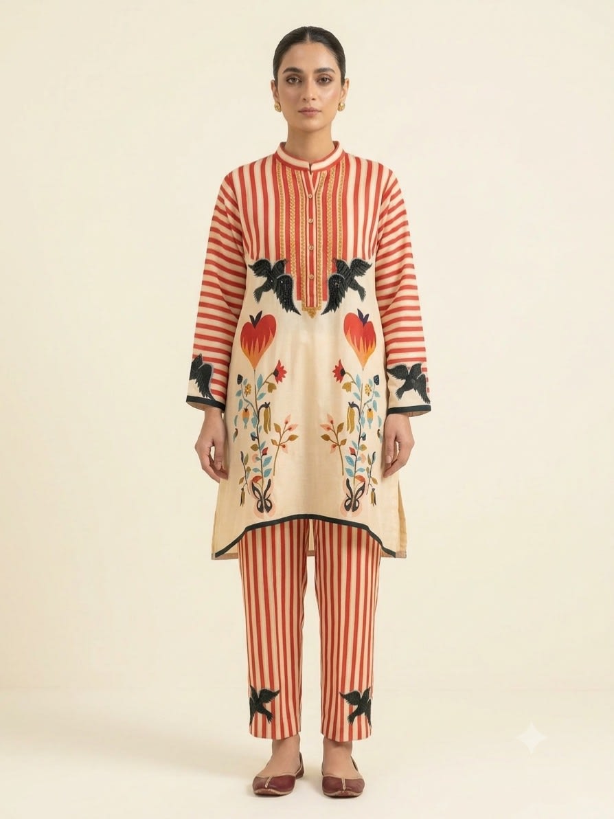 Ivory & Crimson Botanical Stripe Set view 1