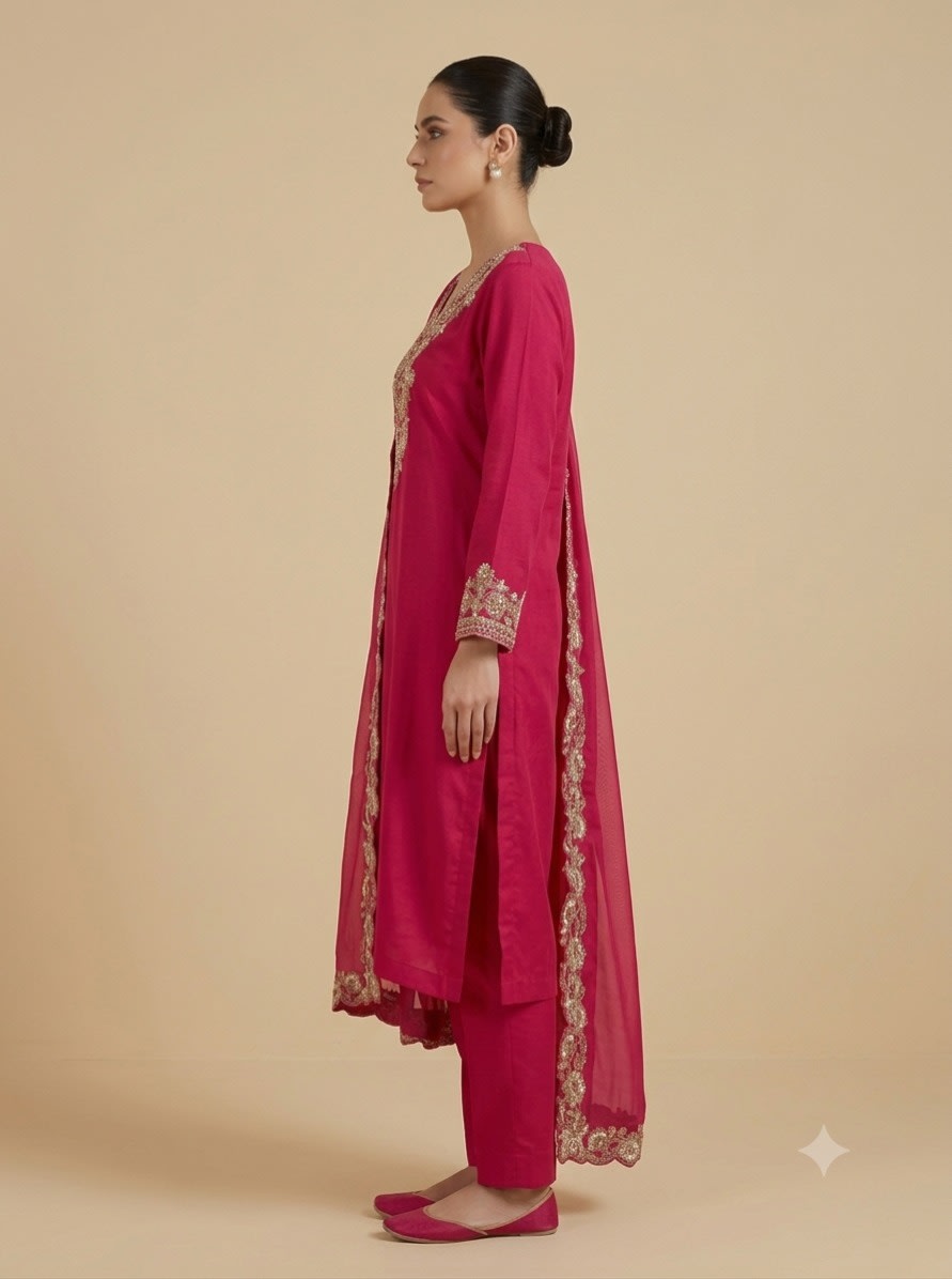 Crimson Rose Zari Embroidered Set view 2