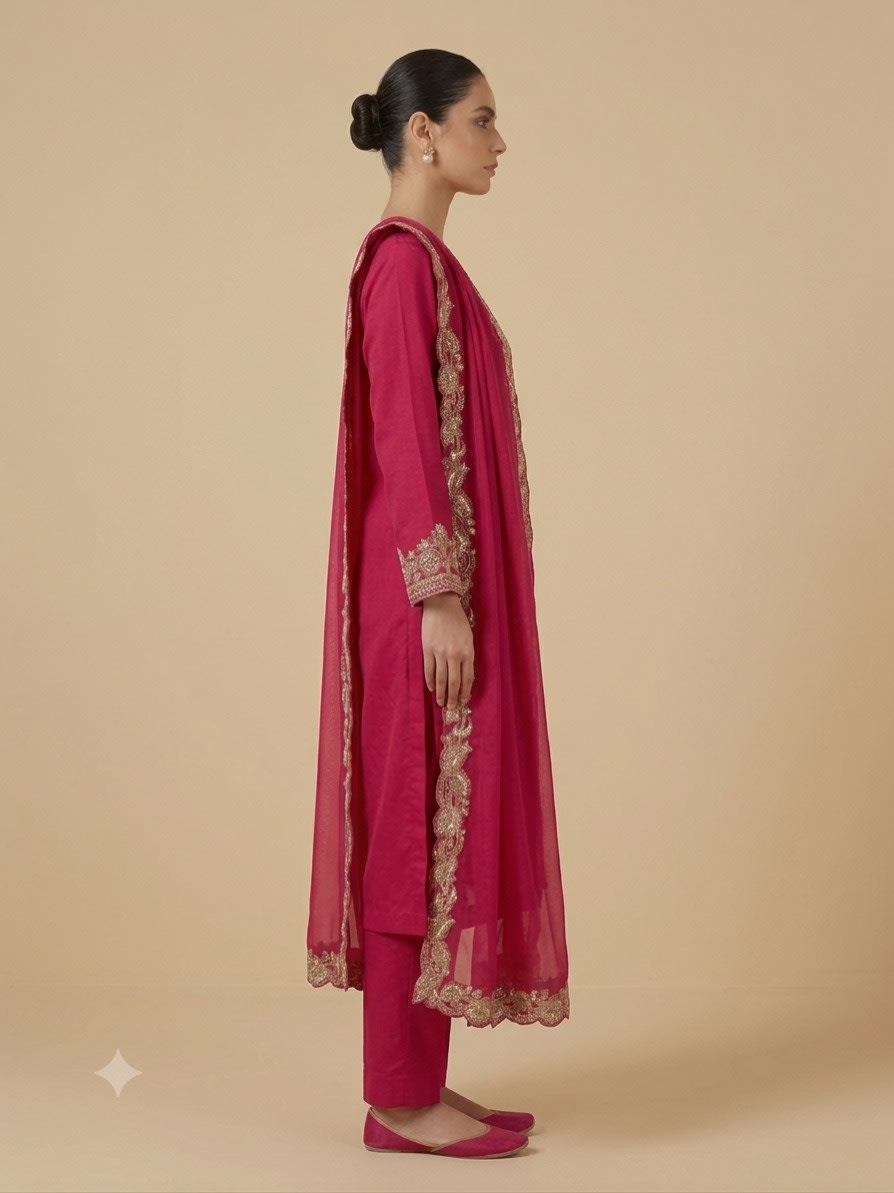 Crimson Rose Zari Embroidered Set view 3