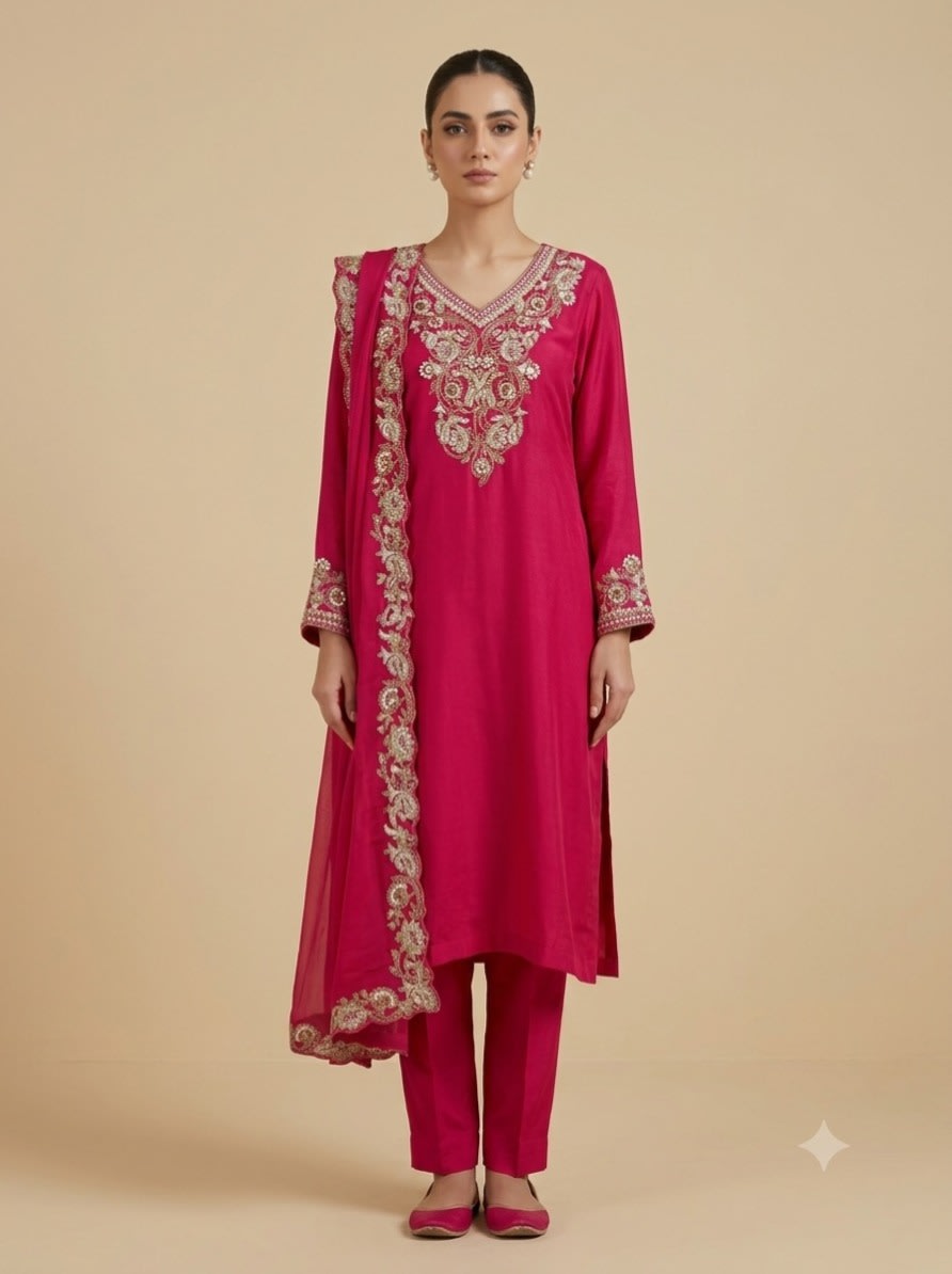 Crimson Rose Zari Embroidered Set view 1