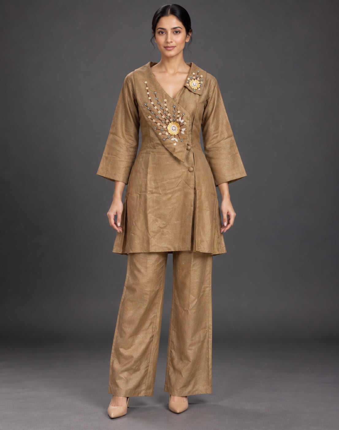 Mocha Botanical Wrap Co-ord Set view 1