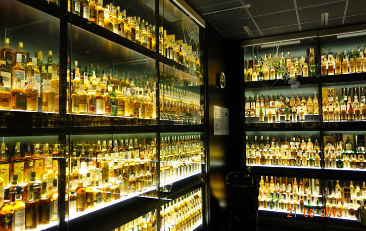 Glass cabinets of whiskies at Scotch Whisky Experience, Edinburgh