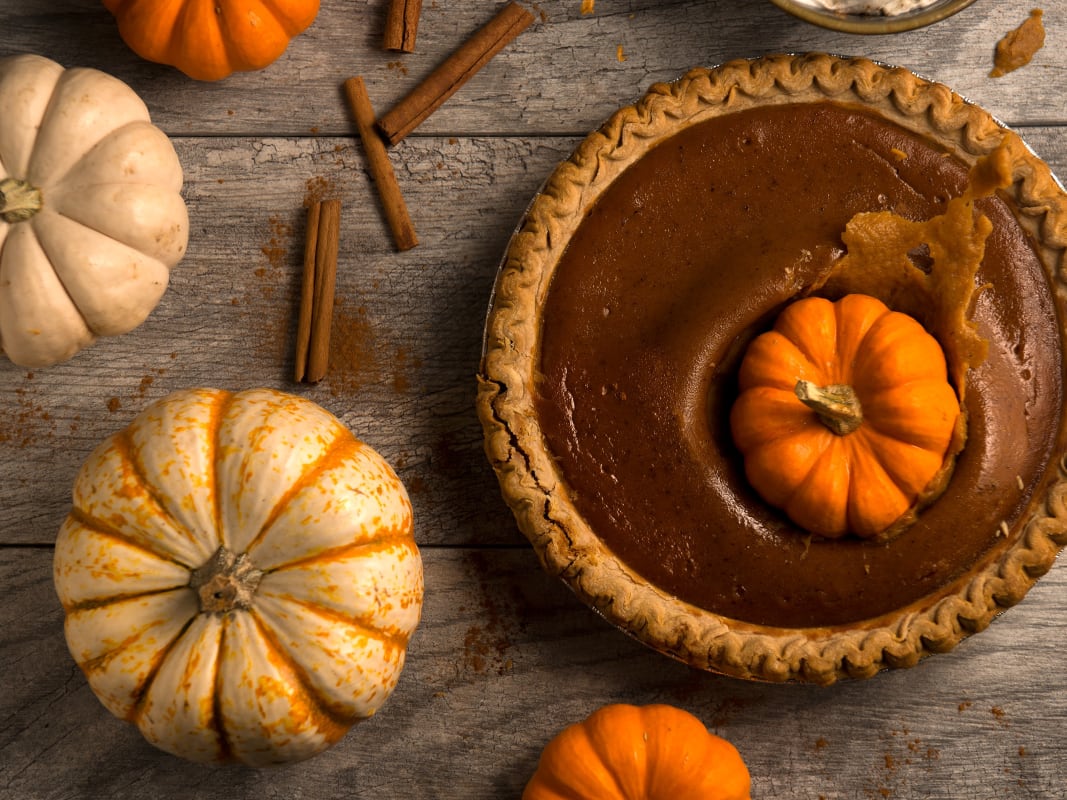 Autumn Pumpkin Pie With Decorative Gourds Rustic Styling