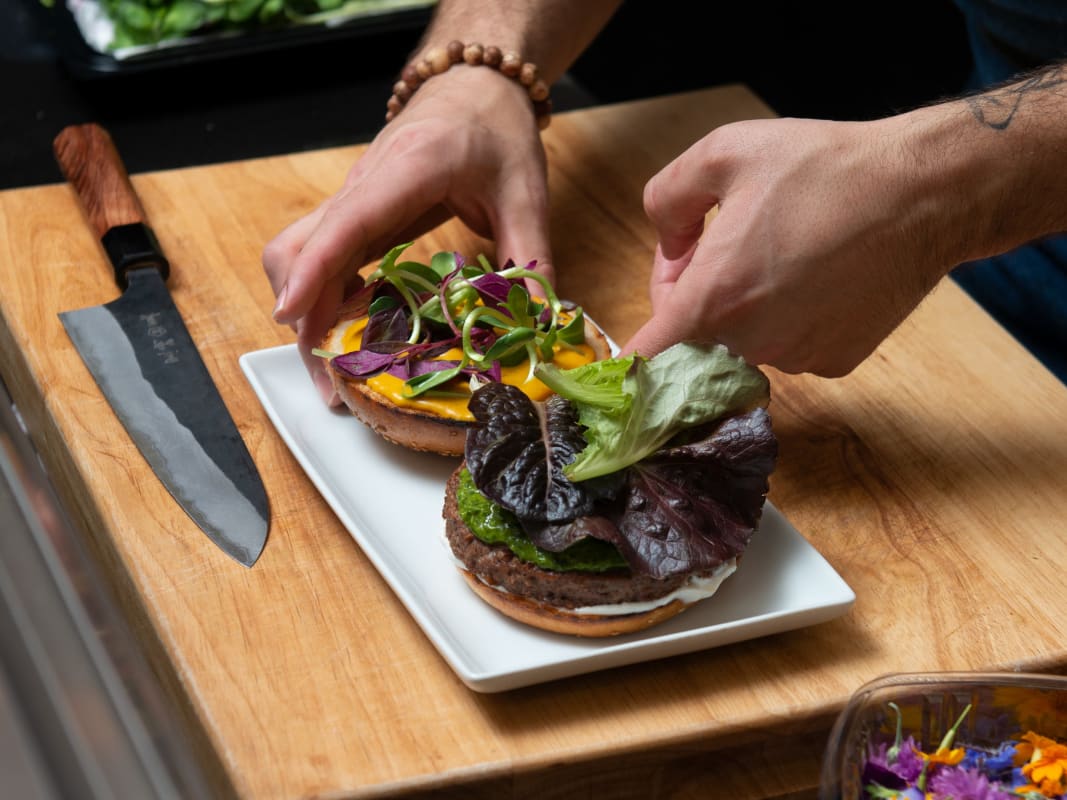 Chef Plating Gourmet Burger Microgreens Garnish