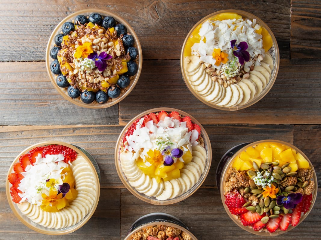 Colorful Acai Bowls Overhead Wooden Background Healthy