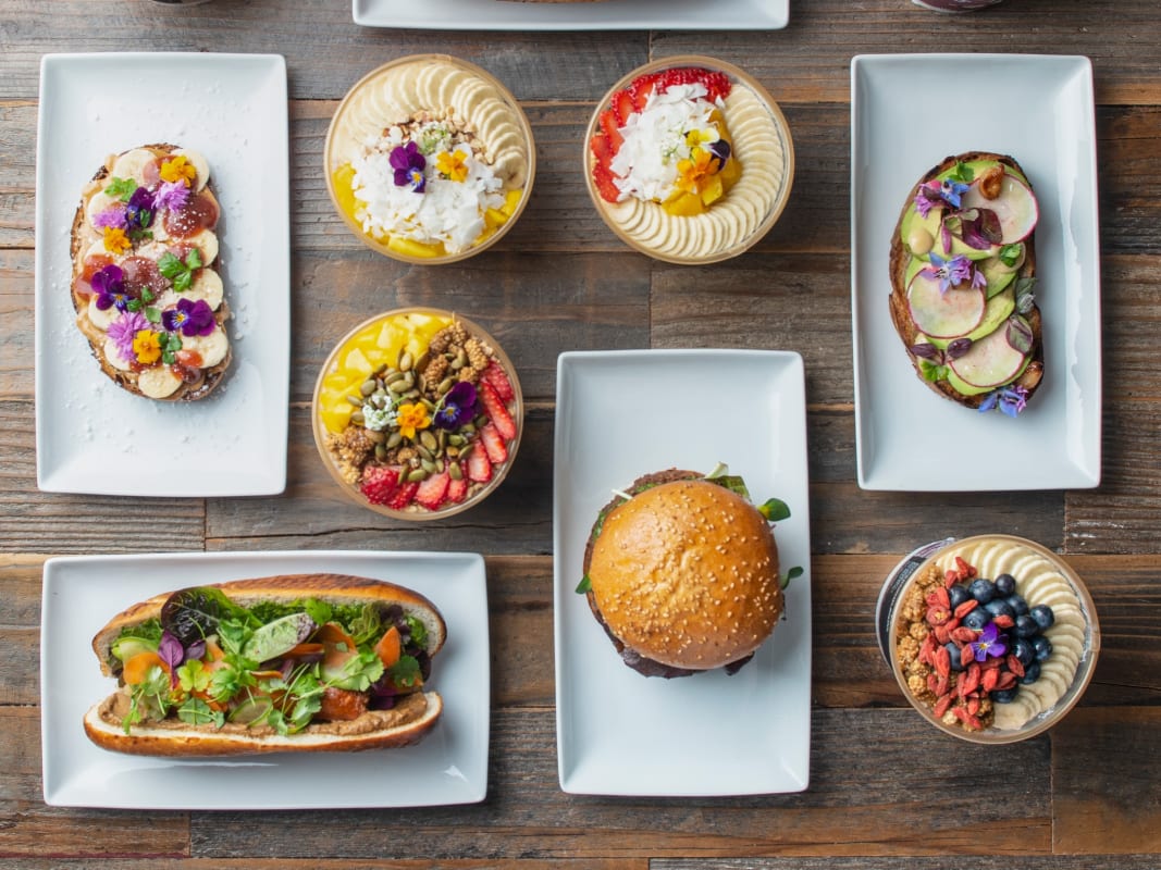 Colorful Healthy Food Flat Lay Overhead Spread Wooden Table