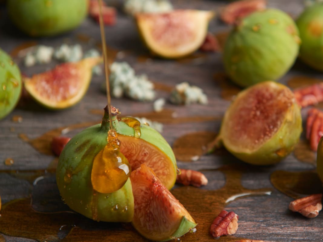 Fresh Figs Honey Drizzle Rustic Wooden Surface
