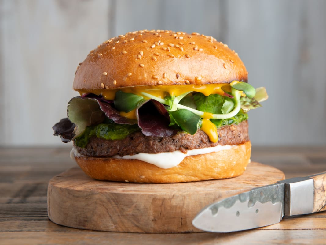 Gourmet Burger Wooden Board Sesame Bun Fresh Greens