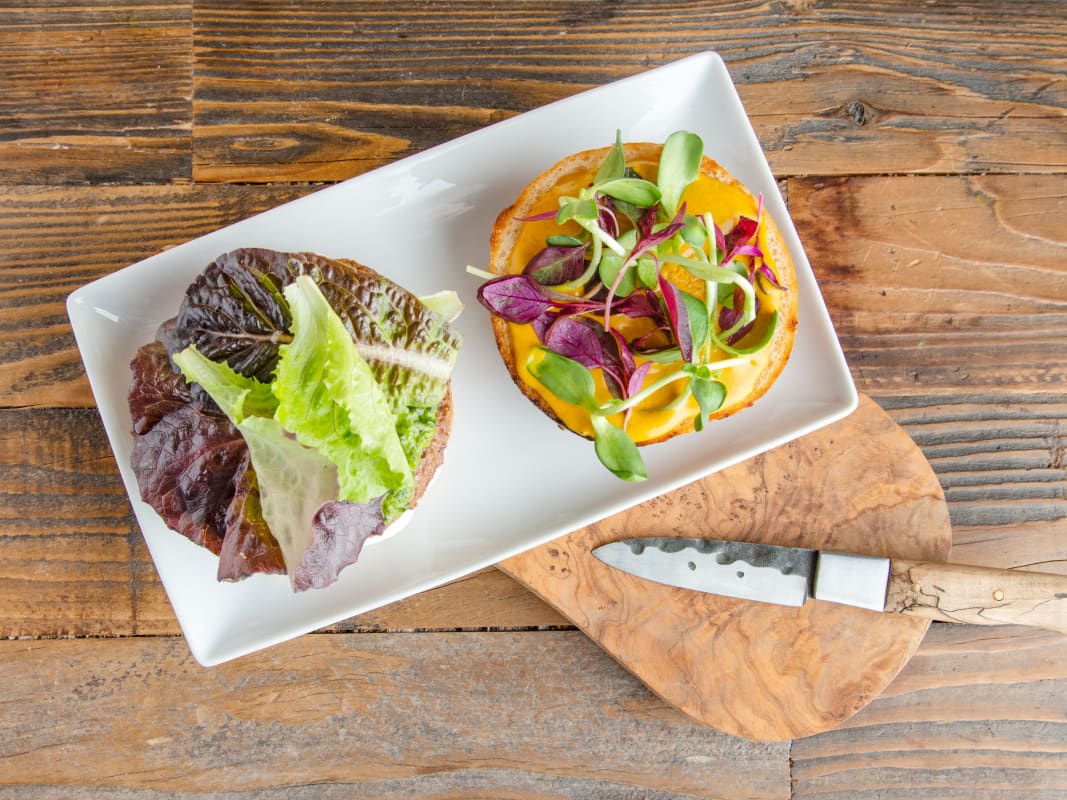 Gourmet Open Faced Sandwiches Fresh Greens Rustic Table