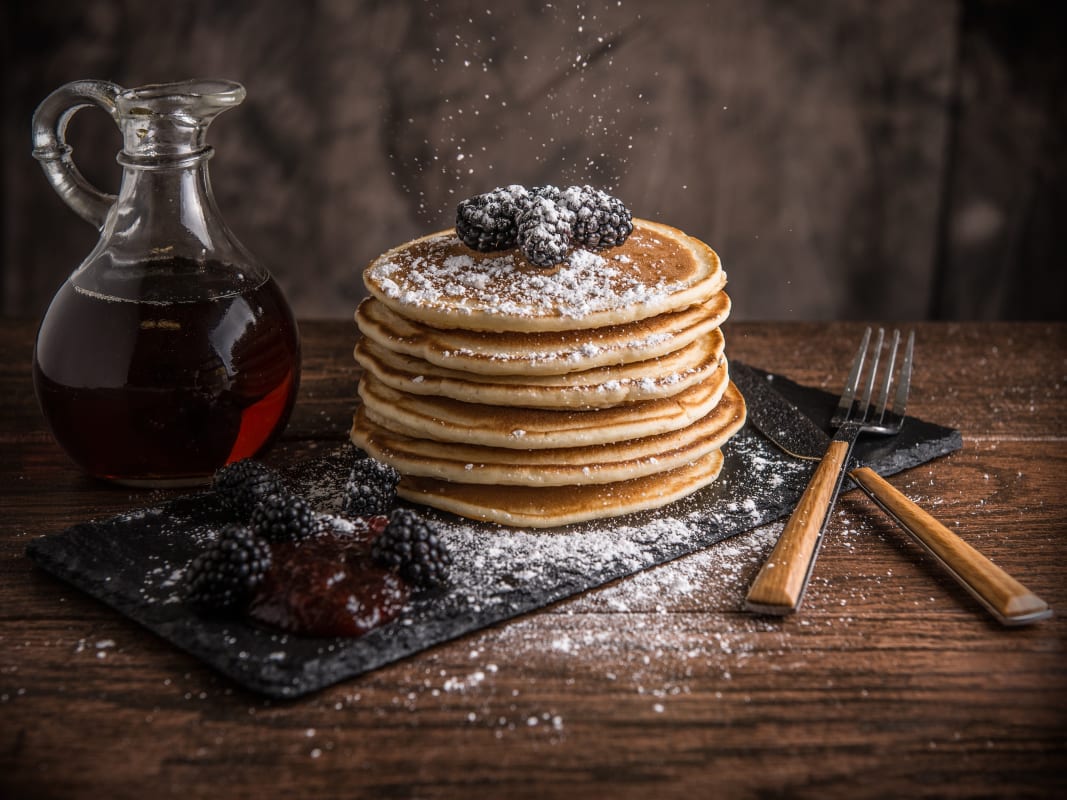 Gourmet Pancake Stack Blackberries Maple Syrup Rustic Breakfast