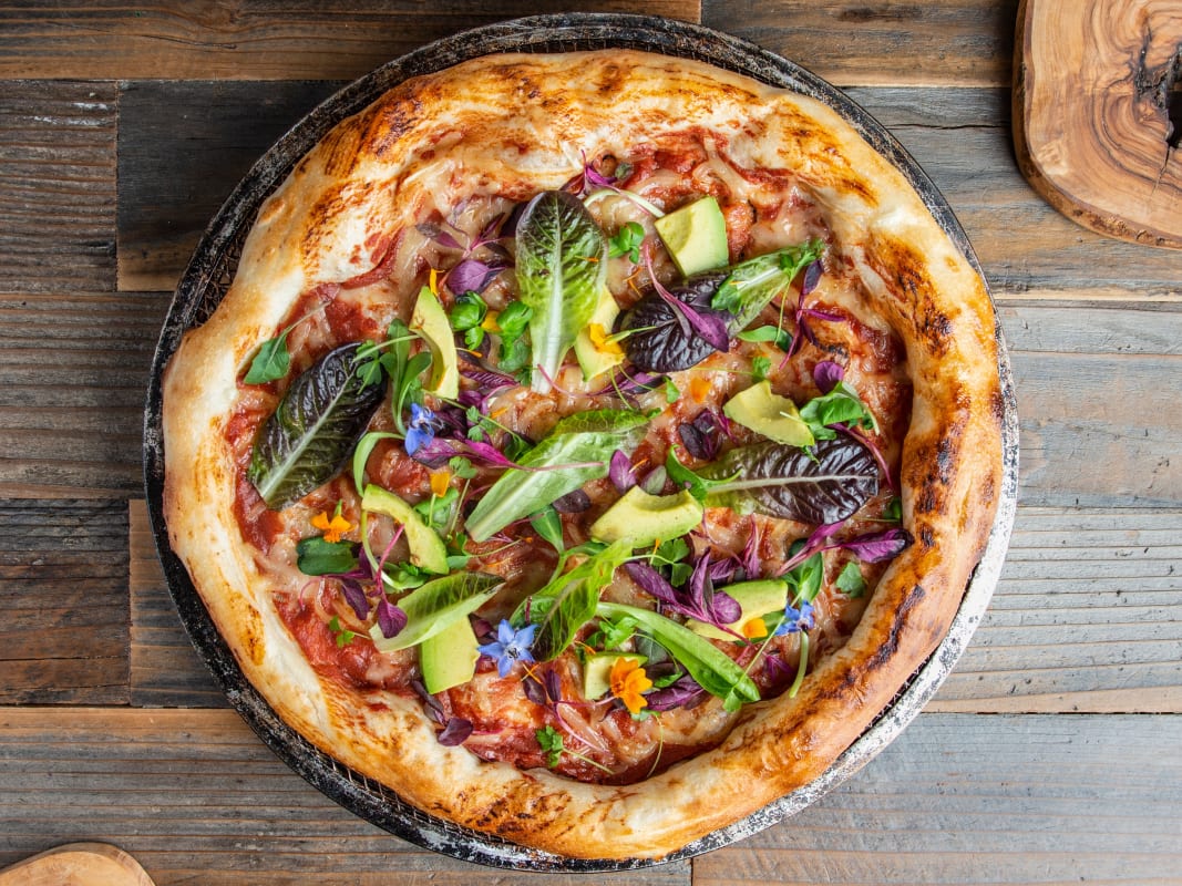 Gourmet Pizza Fresh Greens Avocado Cast Iron Rustic