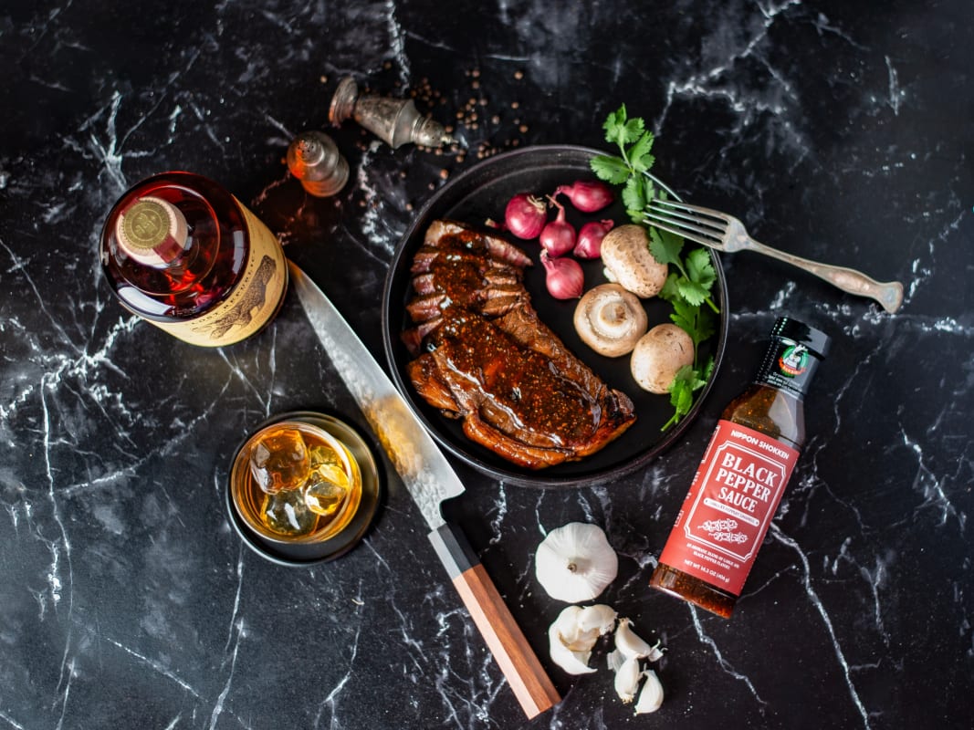 Gourmet Steak Black Pepper Sauce Dark Marble Styling