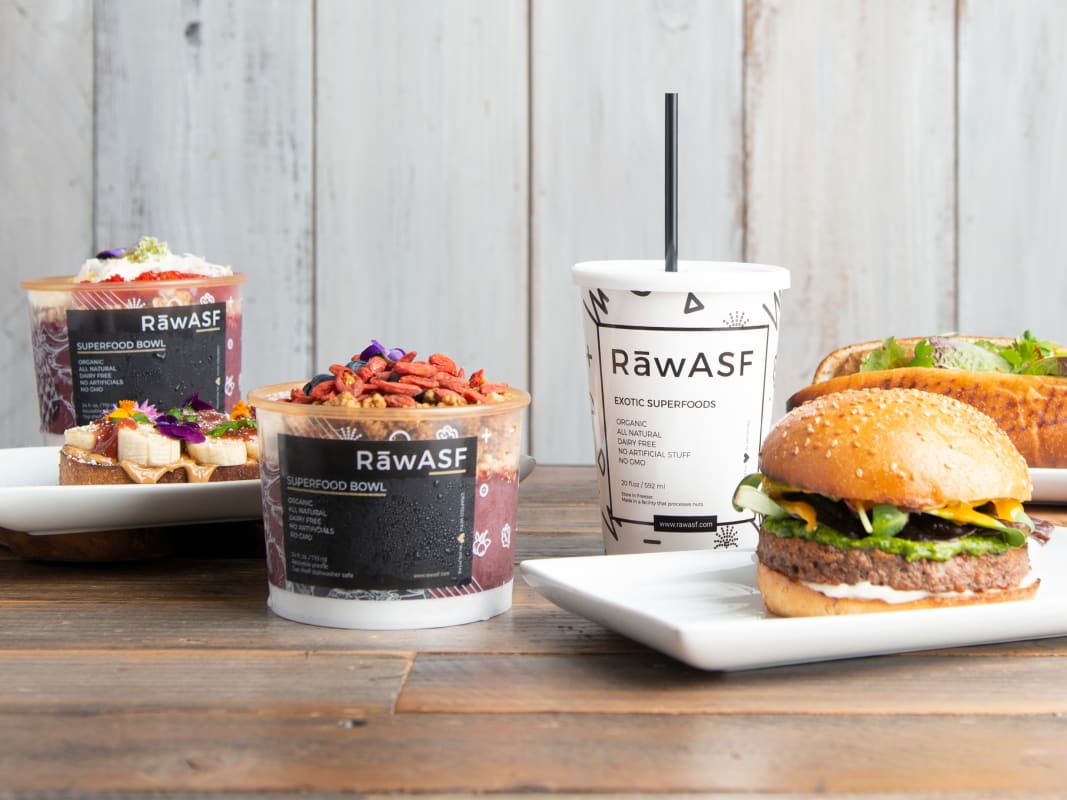 Rawasf Superfood Smoothies Burgers Product Display Wooden Table