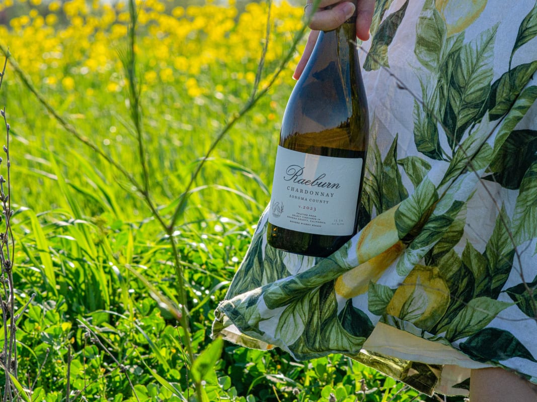 Woman Chardonnay Bottle Yellow Wildflower Field Lifestyle