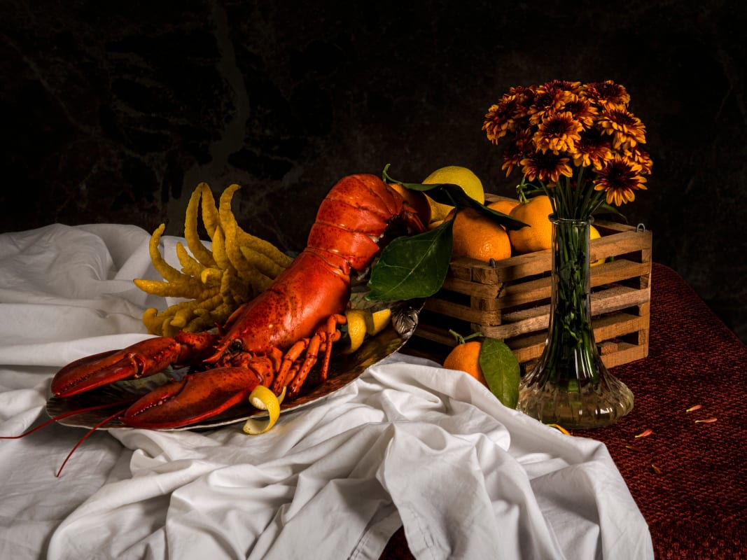 Elegant Lobster Still Life Autumn Citrus Display