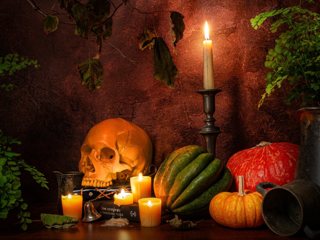 Halloween Autumn Still Life Skull Candles Seasonal Decor