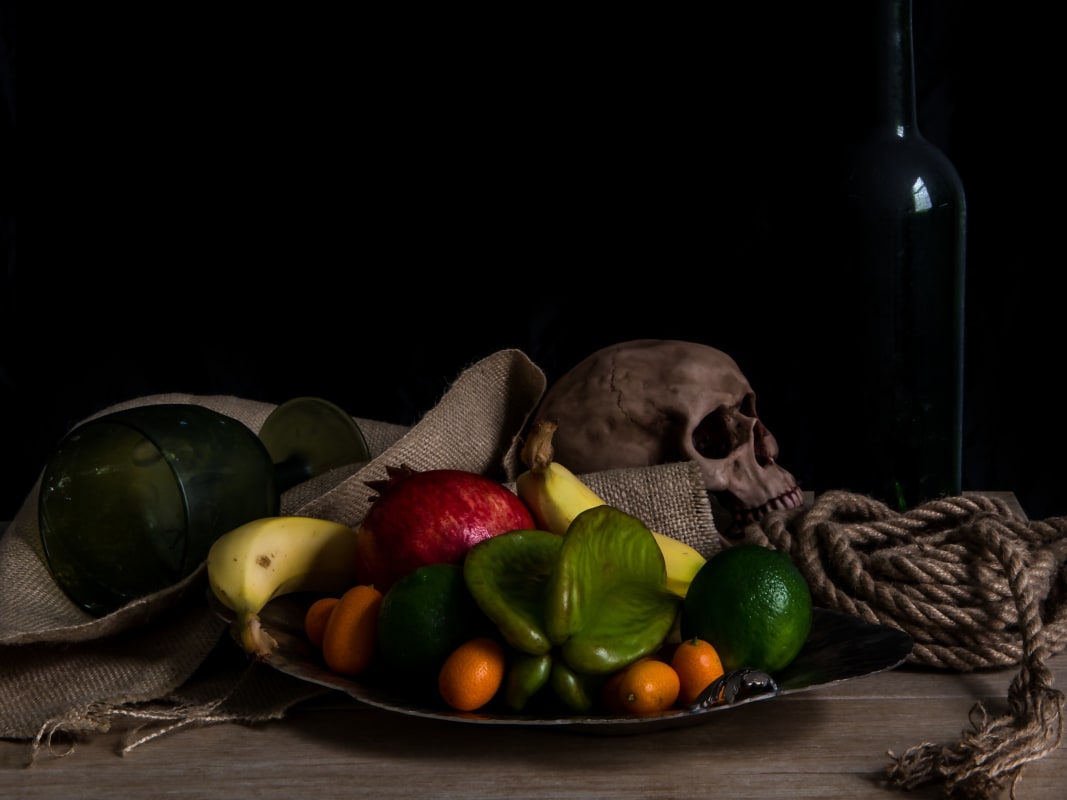 Pirate Skull Fruit Still Life Dark Moody Composition
