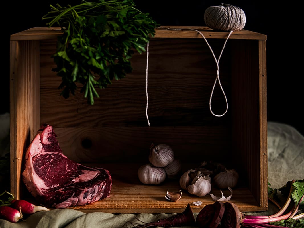 Rustic Culinary Still Life Raw Meat Herbs Wooden Crate